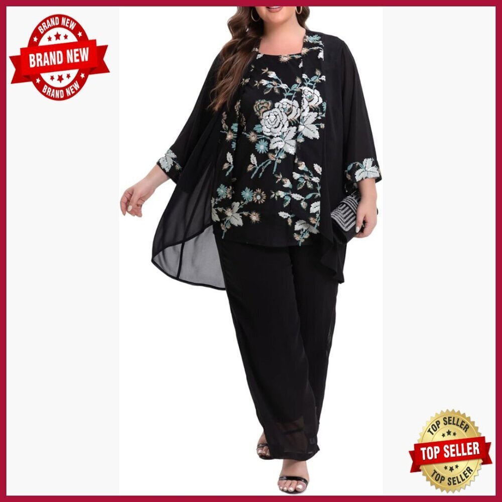 Plus Size Wedding Pant Suit 3 Piece Chiffon Party Outfit Mother of Bride Groom